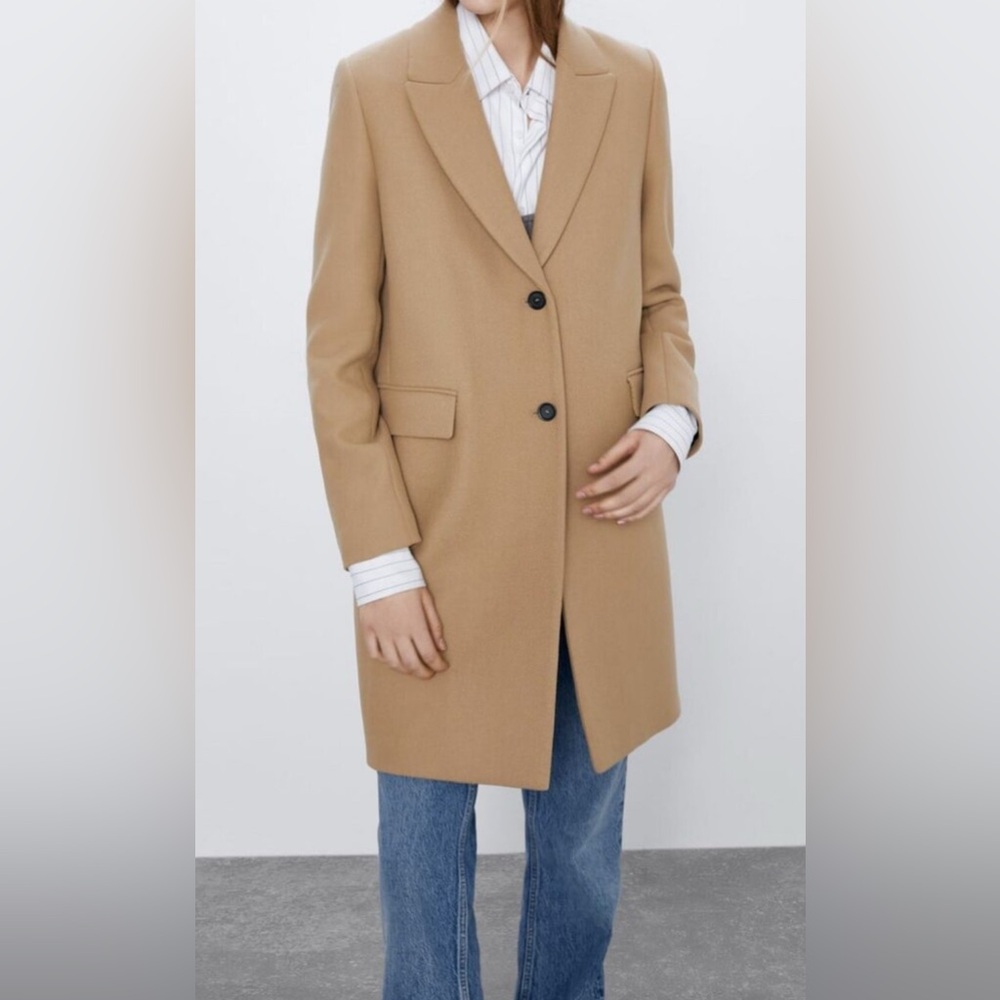 Zara Manteco PREMIUM women’s Tan Camel Coat Sz S wool warm winter peacoat